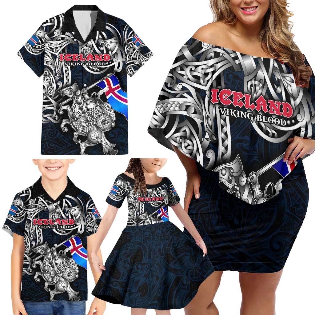 Personalized Iceland Viking Blood Family Matching Off Shoulder Short Dress and Hawaiian Shirt Nordic Runes and Shield of Ancestry in Tribal Knotwork