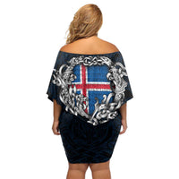 Personalized Iceland Viking Blood Family Matching Off Shoulder Short Dress and Hawaiian Shirt Nordic Runes and Shield of Ancestry in Tribal Knotwork