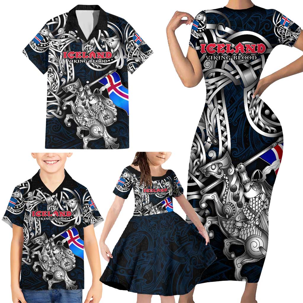 Personalized Iceland Viking Blood Family Matching Short Sleeve Bodycon Dress and Hawaiian Shirt Nordic Runes and Shield of Ancestry in Tribal Knotwork