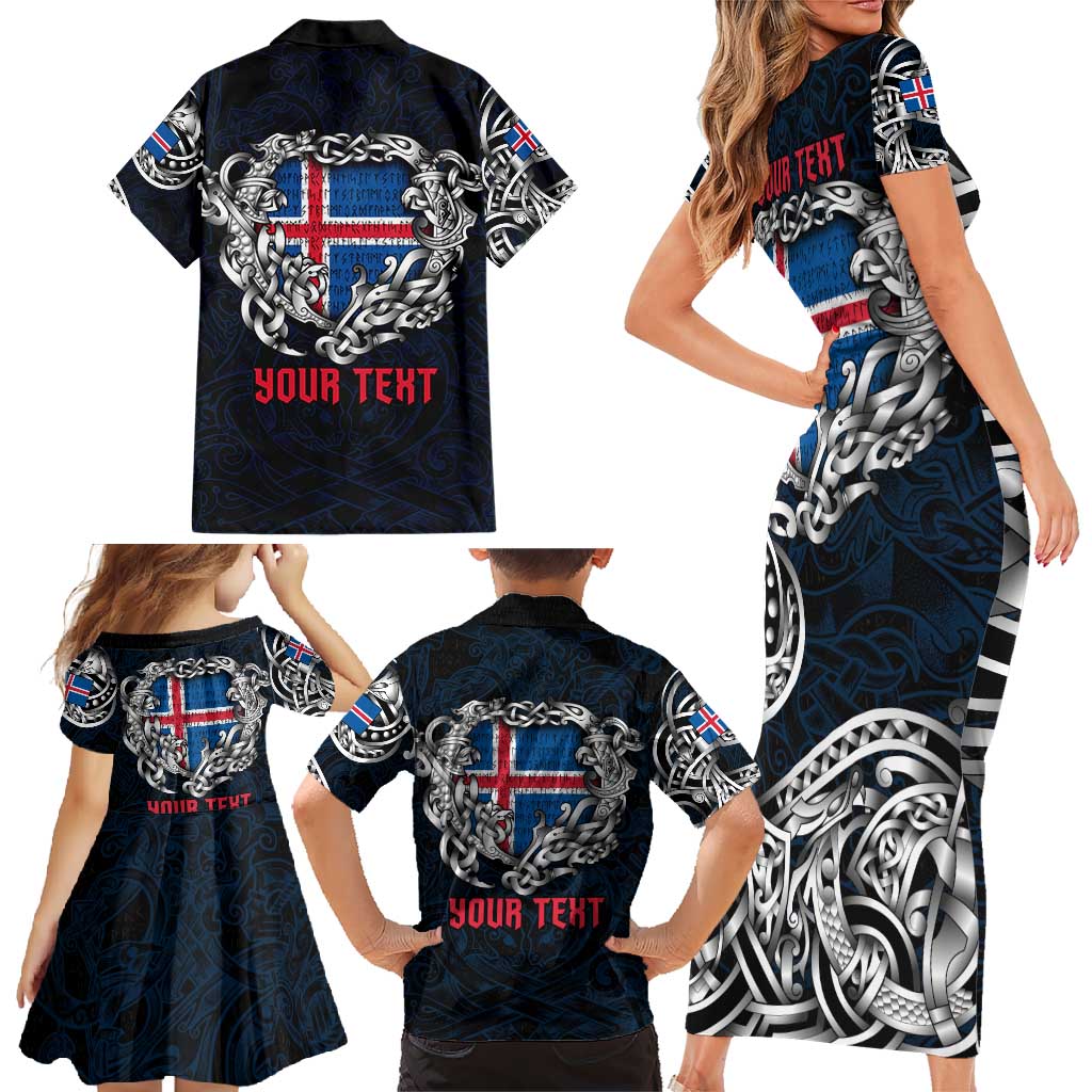 Personalized Iceland Viking Blood Family Matching Short Sleeve Bodycon Dress and Hawaiian Shirt Nordic Runes and Shield of Ancestry in Tribal Knotwork