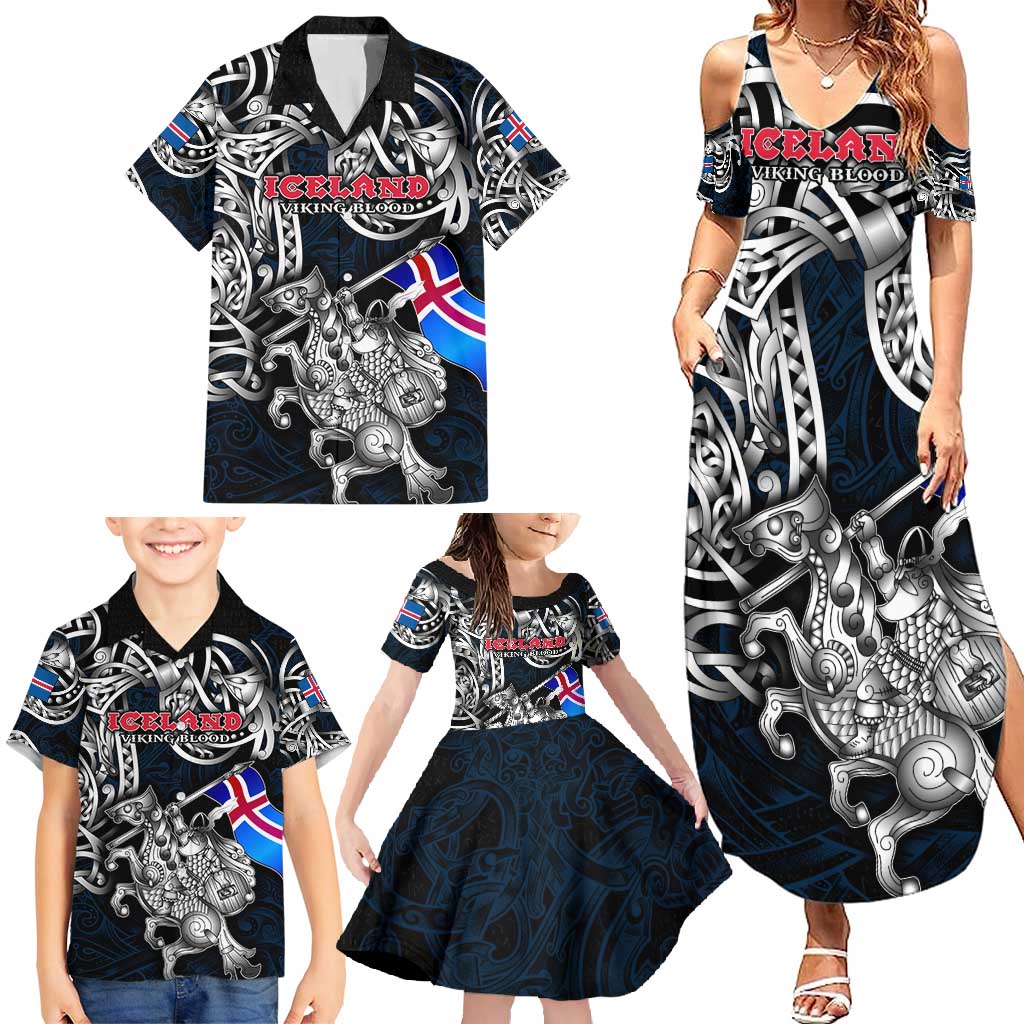 Personalized Iceland Viking Blood Family Matching Summer Maxi Dress and Hawaiian Shirt Nordic Runes and Shield of Ancestry in Tribal Knotwork