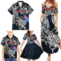 Personalized Iceland Viking Blood Family Matching Summer Maxi Dress and Hawaiian Shirt Nordic Runes and Shield of Ancestry in Tribal Knotwork
