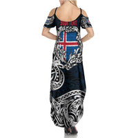 Personalized Iceland Viking Blood Family Matching Summer Maxi Dress and Hawaiian Shirt Nordic Runes and Shield of Ancestry in Tribal Knotwork