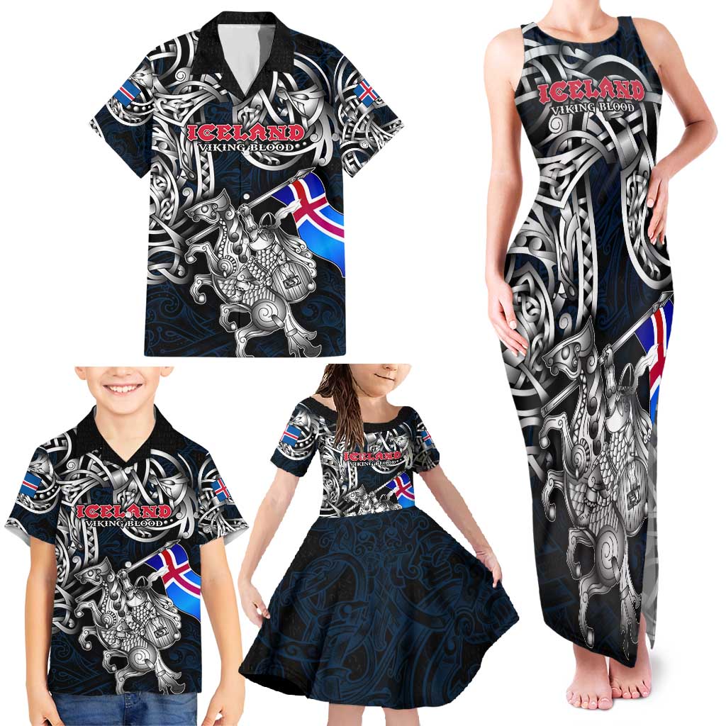 Personalized Iceland Viking Blood Family Matching Tank Maxi Dress and Hawaiian Shirt Nordic Runes and Shield of Ancestry in Tribal Knotwork
