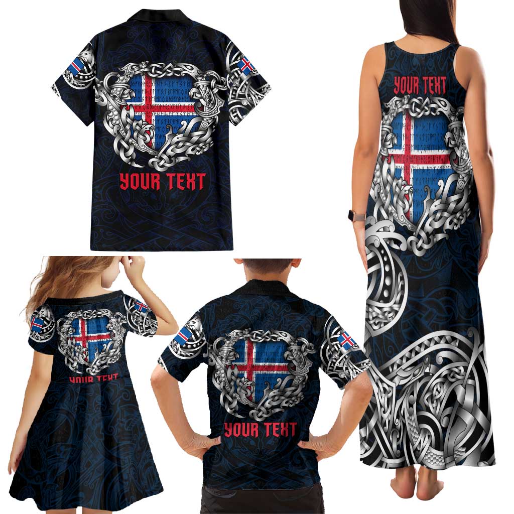 Personalized Iceland Viking Blood Family Matching Tank Maxi Dress and Hawaiian Shirt Nordic Runes and Shield of Ancestry in Tribal Knotwork