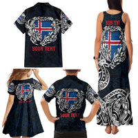 Personalized Iceland Viking Blood Family Matching Tank Maxi Dress and Hawaiian Shirt Nordic Runes and Shield of Ancestry in Tribal Knotwork