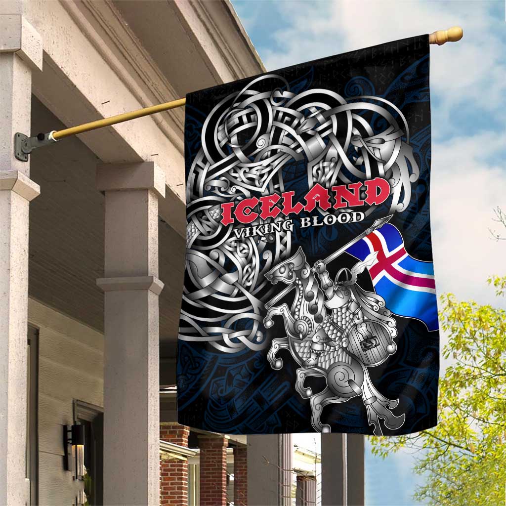 Iceland Viking Blood Garden Flag Nordic Runes and Shield of Ancestry in Tribal Knotwork
