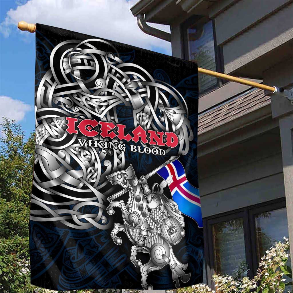 Iceland Viking Blood Garden Flag Nordic Runes and Shield of Ancestry in Tribal Knotwork