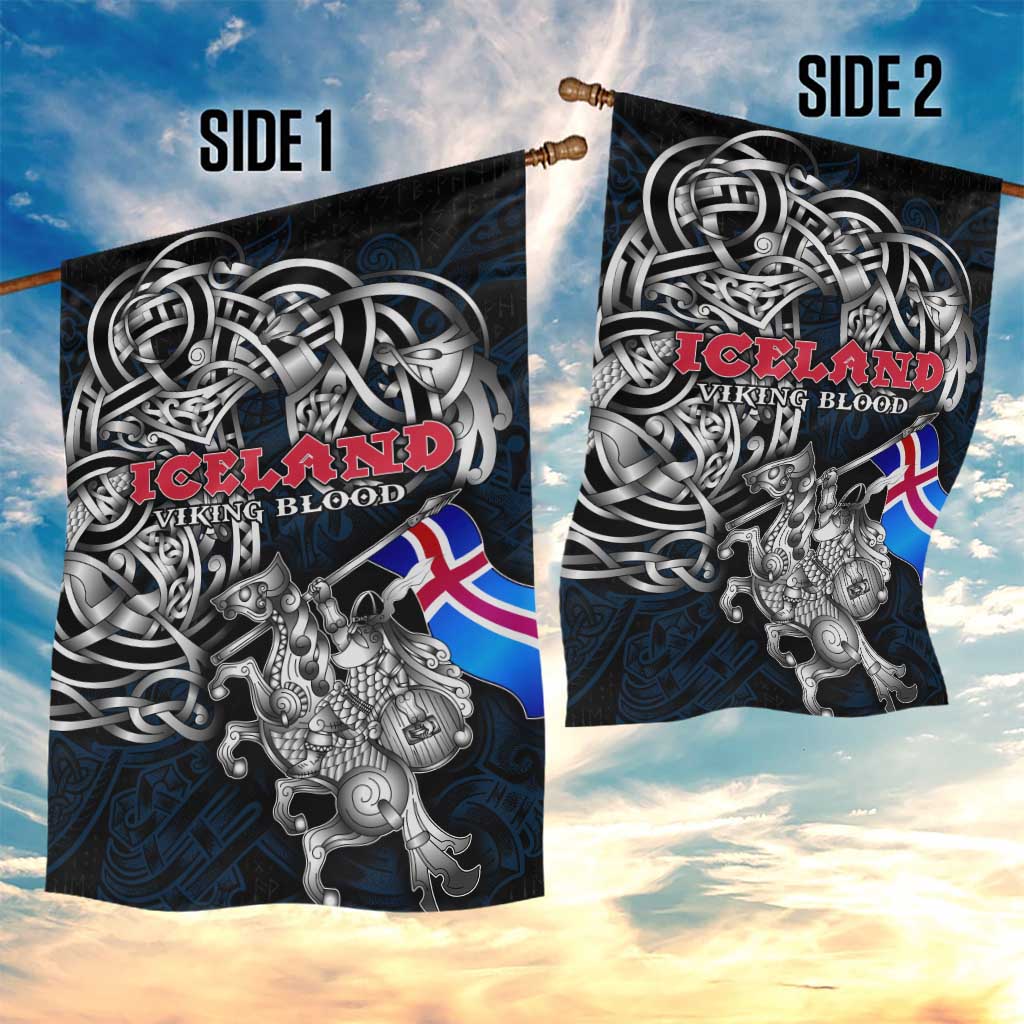 Iceland Viking Blood Garden Flag Nordic Runes and Shield of Ancestry in Tribal Knotwork