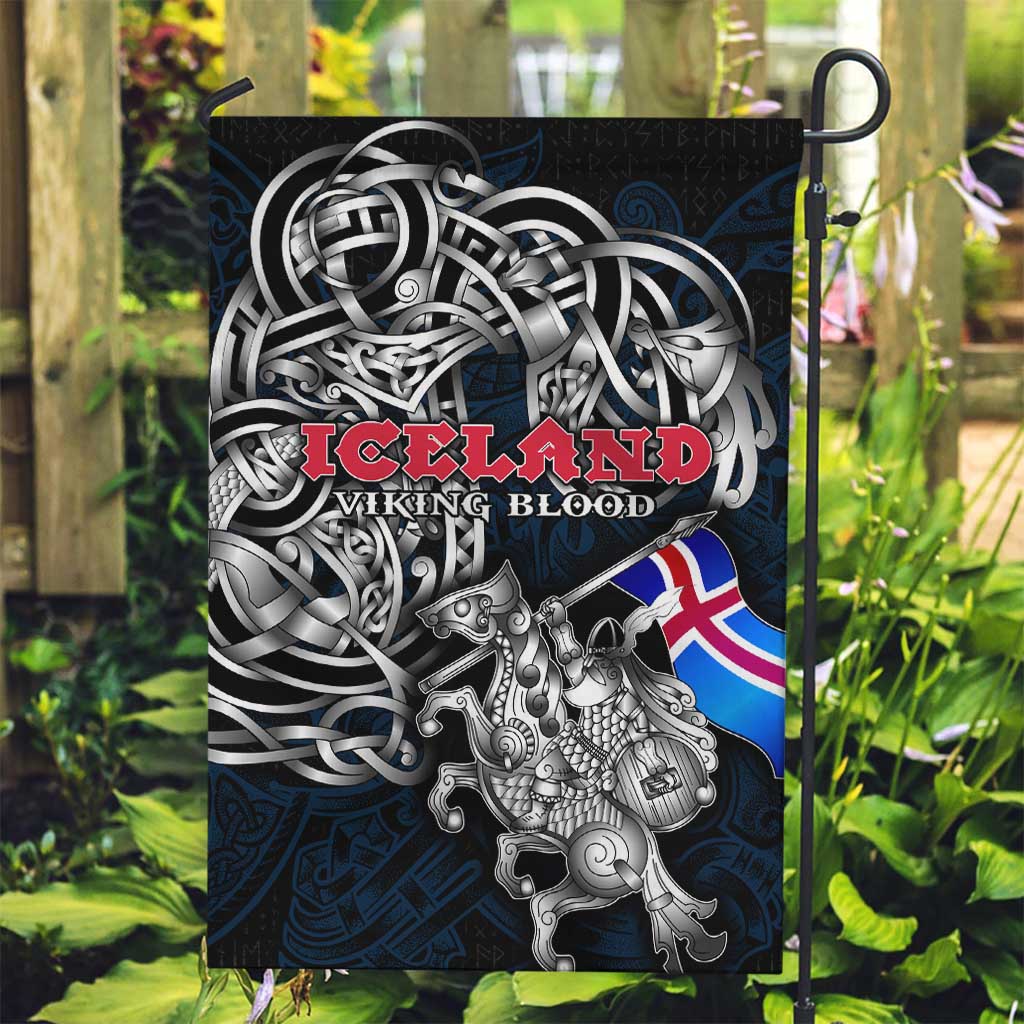 Iceland Viking Blood Garden Flag Nordic Runes and Shield of Ancestry in Tribal Knotwork