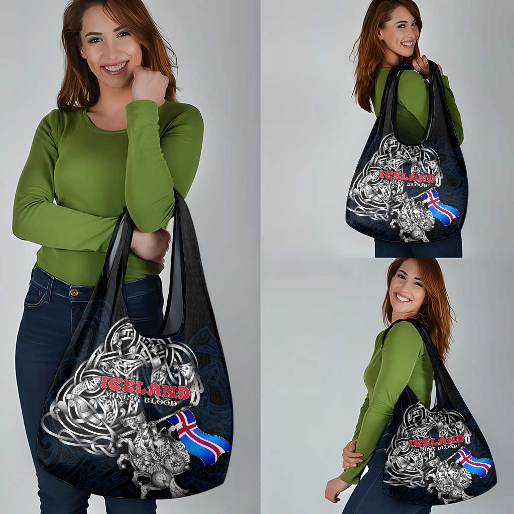 Iceland Viking Blood Grocery Bag Nordic Runes and Shield of Ancestry in Tribal Knotwork