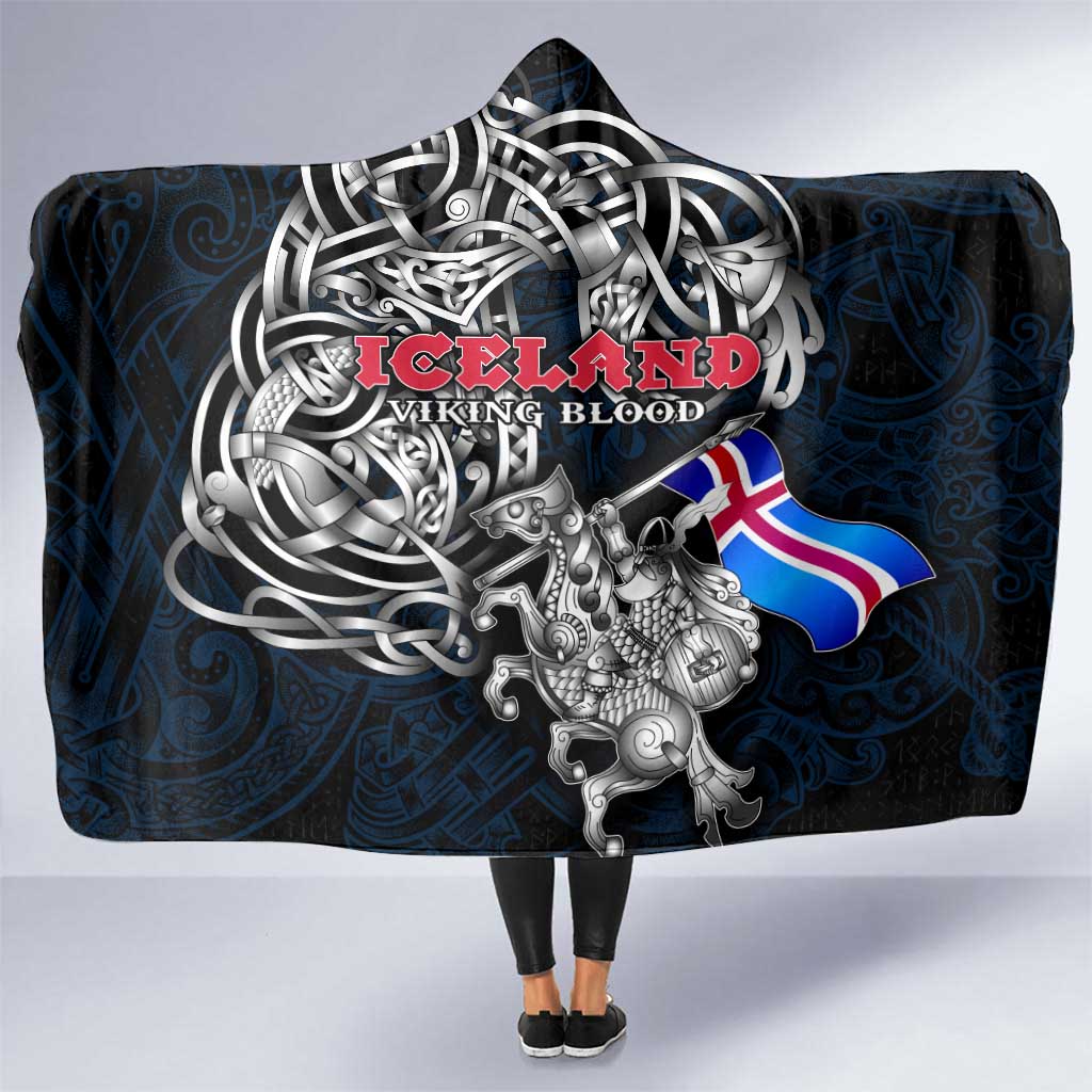 Iceland Viking Blood Hooded Blanket Nordic Runes and Shield of Ancestry in Tribal Knotwork