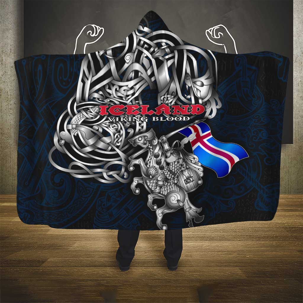 Iceland Viking Blood Hooded Blanket Nordic Runes and Shield of Ancestry in Tribal Knotwork