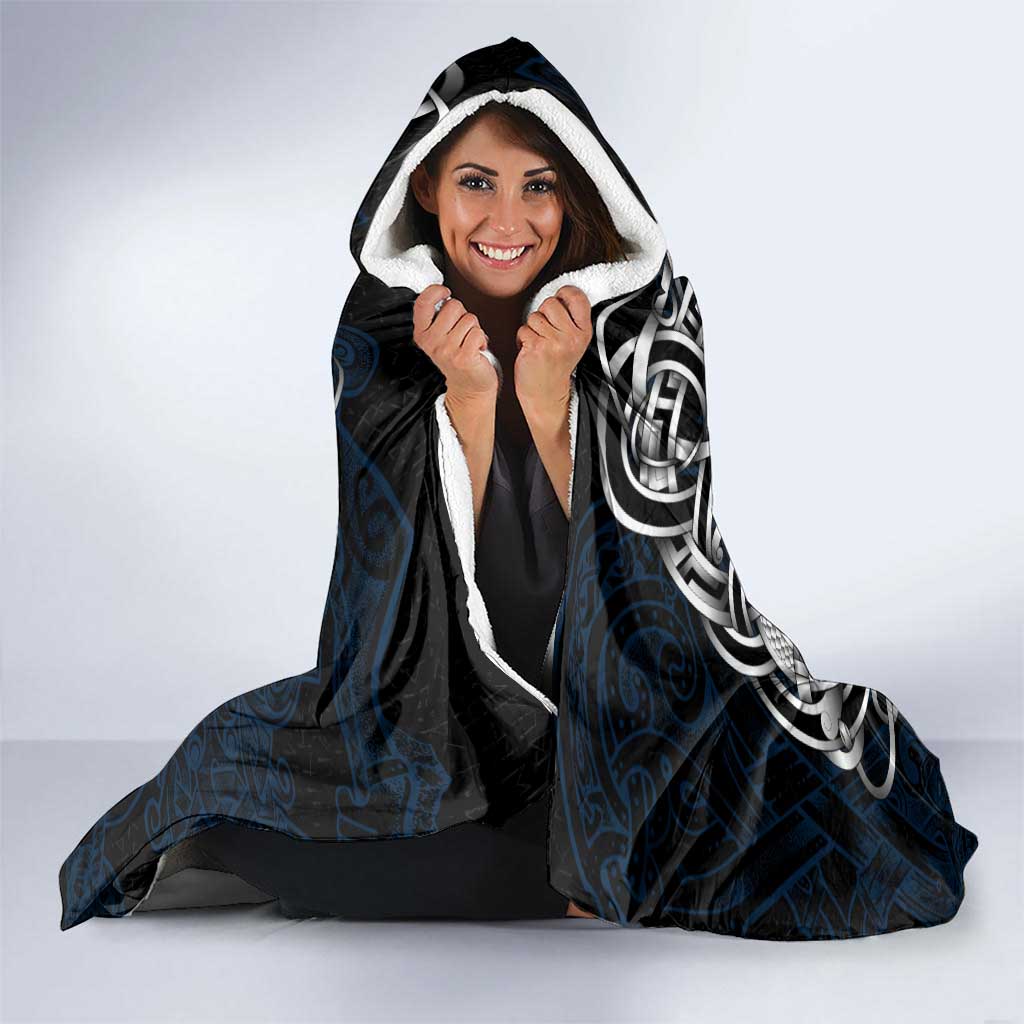 Iceland Viking Blood Hooded Blanket Nordic Runes and Shield of Ancestry in Tribal Knotwork