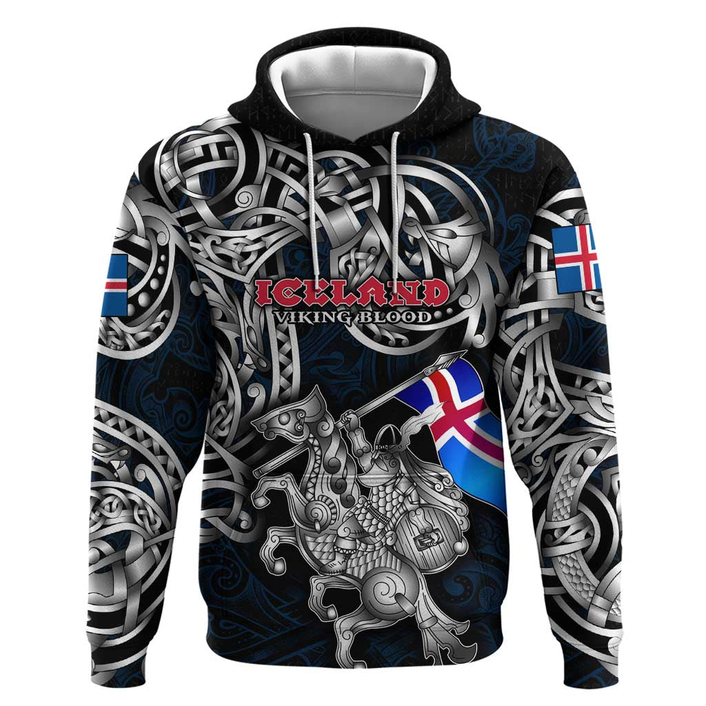 Personalized Iceland Viking Blood Hoodie Nordic Runes and Shield of Ancestry in Tribal Knotwork