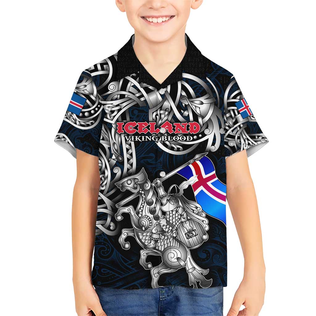 Personalized Iceland Viking Blood Kid Hawaiian Shirt Nordic Runes and Shield of Ancestry in Tribal Knotwork