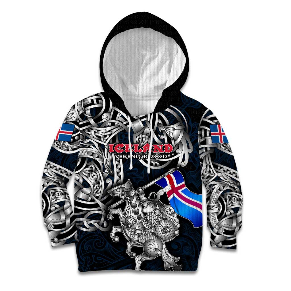 Personalized Iceland Viking Blood Kid Hoodie Nordic Runes and Shield of Ancestry in Tribal Knotwork