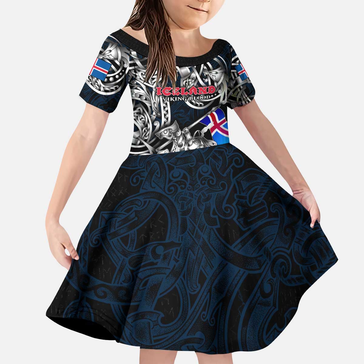 Personalized Iceland Viking Blood Kid Short Sleeve Dress Nordic Runes and Shield of Ancestry in Tribal Knotwork