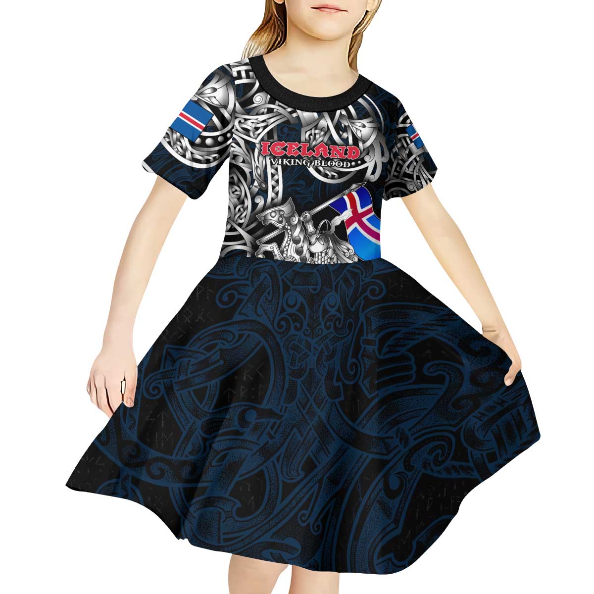 Personalized Iceland Viking Blood Kid Short Sleeve Dress Nordic Runes and Shield of Ancestry in Tribal Knotwork