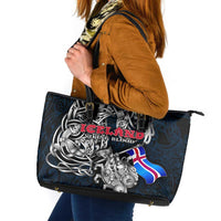Iceland Viking Blood Leather Tote Bag Nordic Runes and Shield of Ancestry in Tribal Knotwork