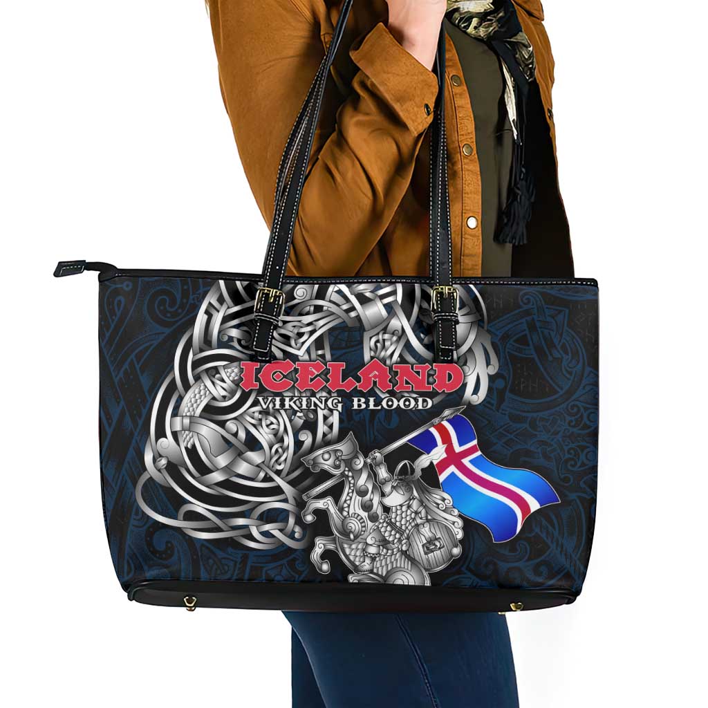 Iceland Viking Blood Leather Tote Bag Nordic Runes and Shield of Ancestry in Tribal Knotwork