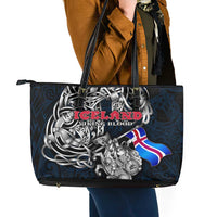 Iceland Viking Blood Leather Tote Bag Nordic Runes and Shield of Ancestry in Tribal Knotwork
