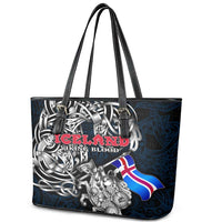 Iceland Viking Blood Leather Tote Bag Nordic Runes and Shield of Ancestry in Tribal Knotwork