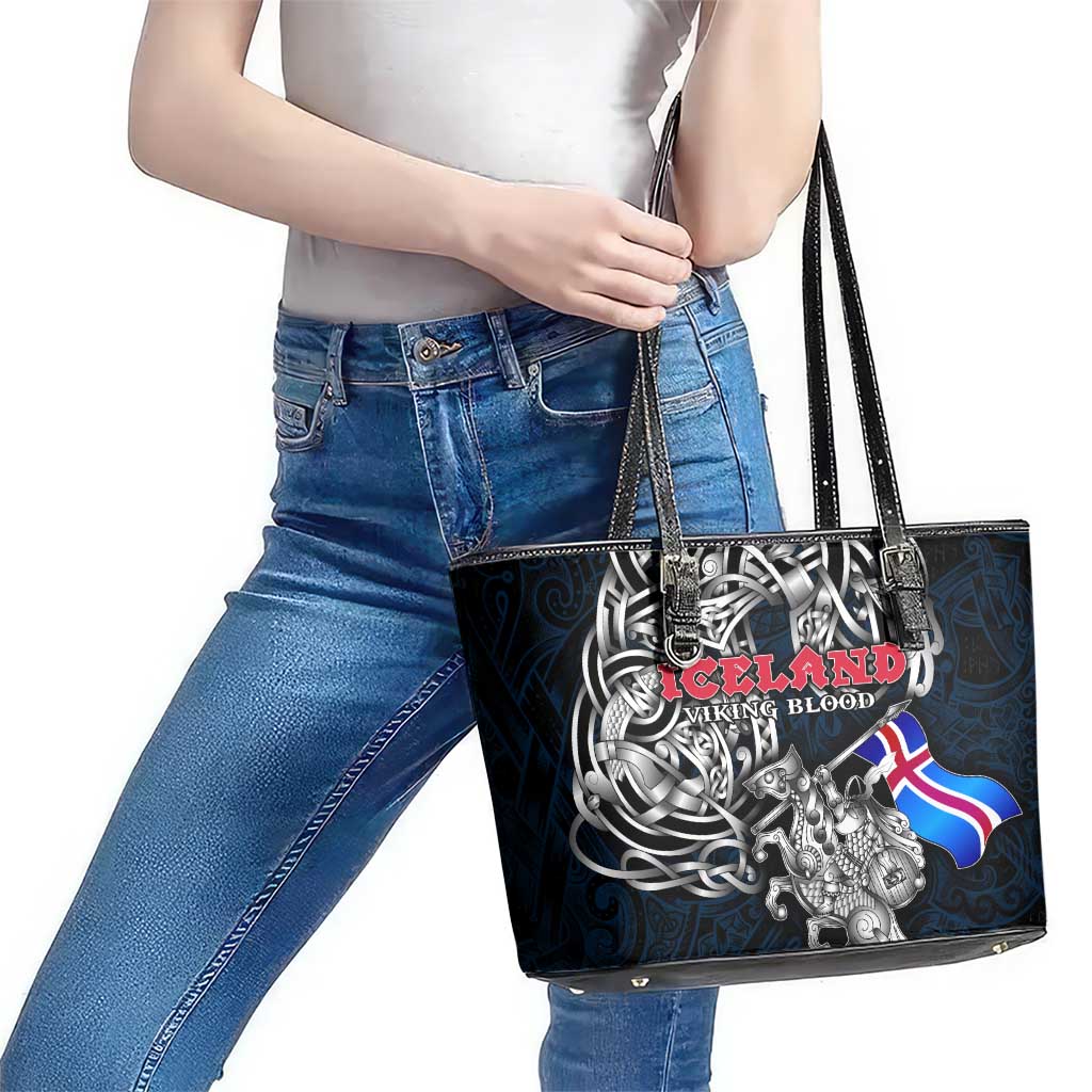 Iceland Viking Blood Leather Tote Bag Nordic Runes and Shield of Ancestry in Tribal Knotwork