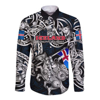 Personalized Iceland Viking Blood Long Sleeve Button Shirt Nordic Runes and Shield of Ancestry in Tribal Knotwork