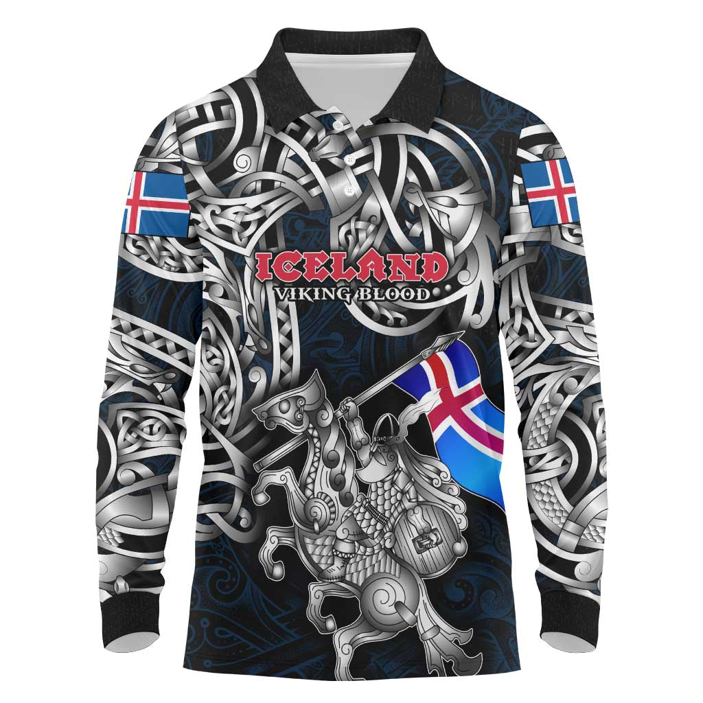 Personalized Iceland Viking Blood Long Sleeve Polo Shirt Nordic Runes and Shield of Ancestry in Tribal Knotwork