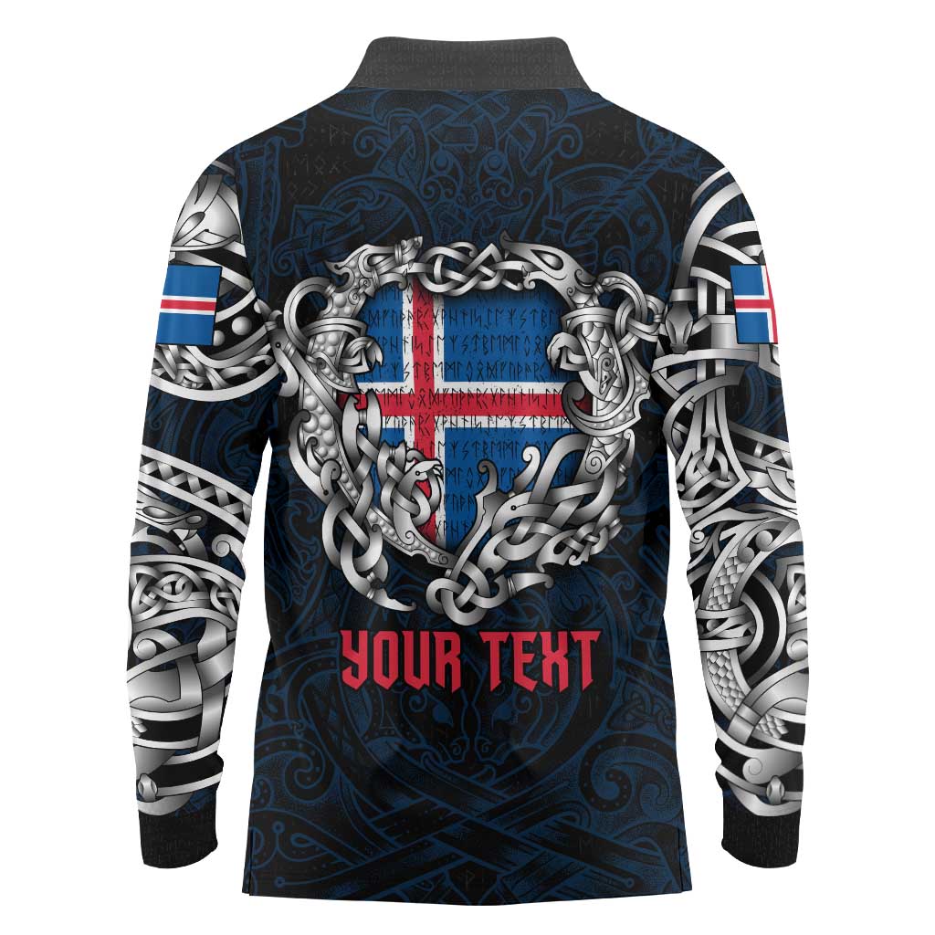Personalized Iceland Viking Blood Long Sleeve Polo Shirt Nordic Runes and Shield of Ancestry in Tribal Knotwork