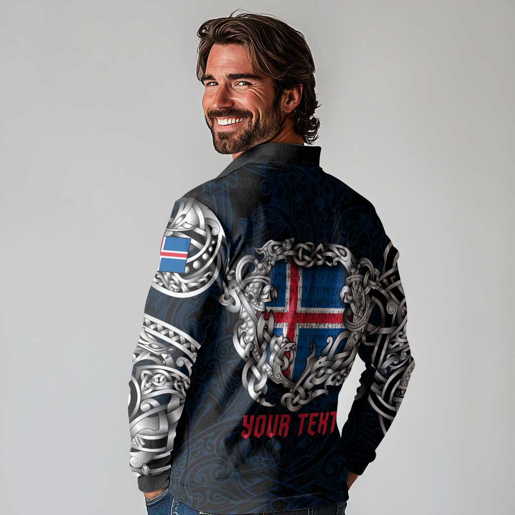Personalized Iceland Viking Blood Long Sleeve Polo Shirt Nordic Runes and Shield of Ancestry in Tribal Knotwork