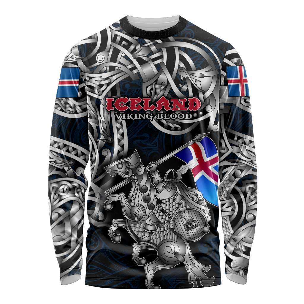 Personalized Iceland Viking Blood Long Sleeve Shirt Nordic Runes and Shield of Ancestry in Tribal Knotwork