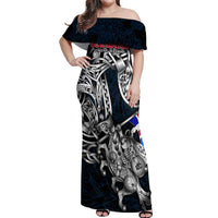 Personalized Iceland Viking Blood Off Shoulder Maxi Dress Nordic Runes and Shield of Ancestry in Tribal Knotwork