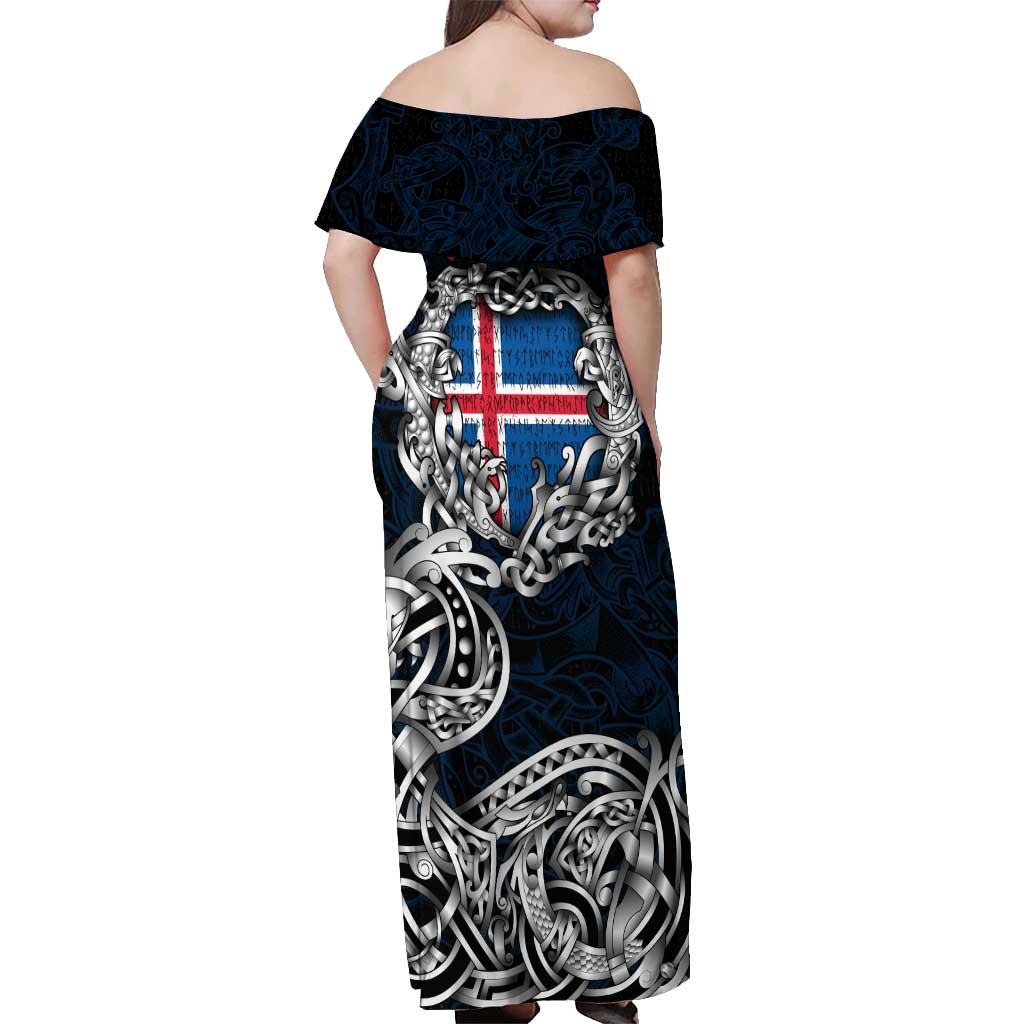 Personalized Iceland Viking Blood Off Shoulder Maxi Dress Nordic Runes and Shield of Ancestry in Tribal Knotwork