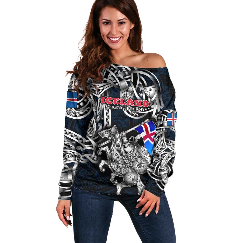 Personalized Iceland Viking Blood Off Shoulder Sweater Nordic Runes and Shield of Ancestry in Tribal Knotwork