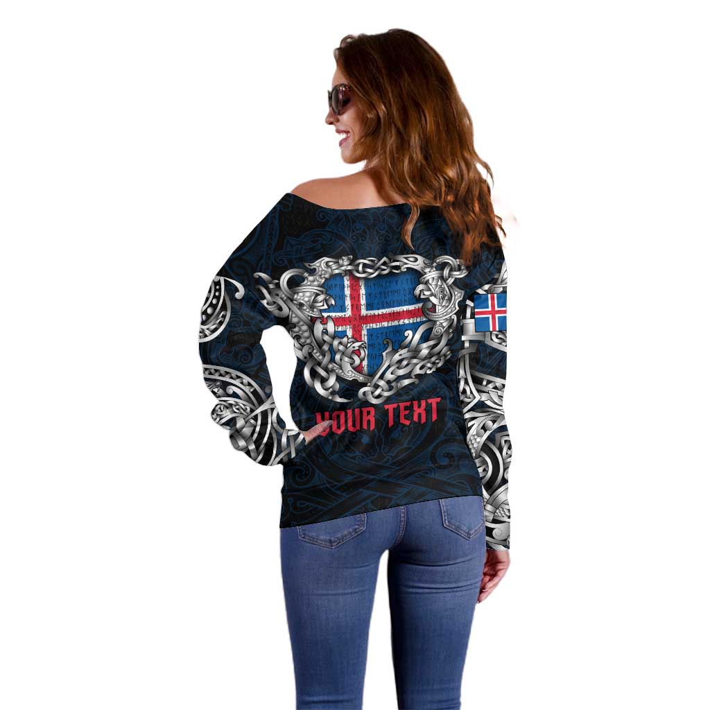 Personalized Iceland Viking Blood Off Shoulder Sweater Nordic Runes and Shield of Ancestry in Tribal Knotwork