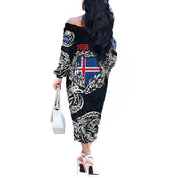 Personalized Iceland Viking Blood Off The Shoulder Long Sleeve Dress Nordic Runes and Shield of Ancestry in Tribal Knotwork