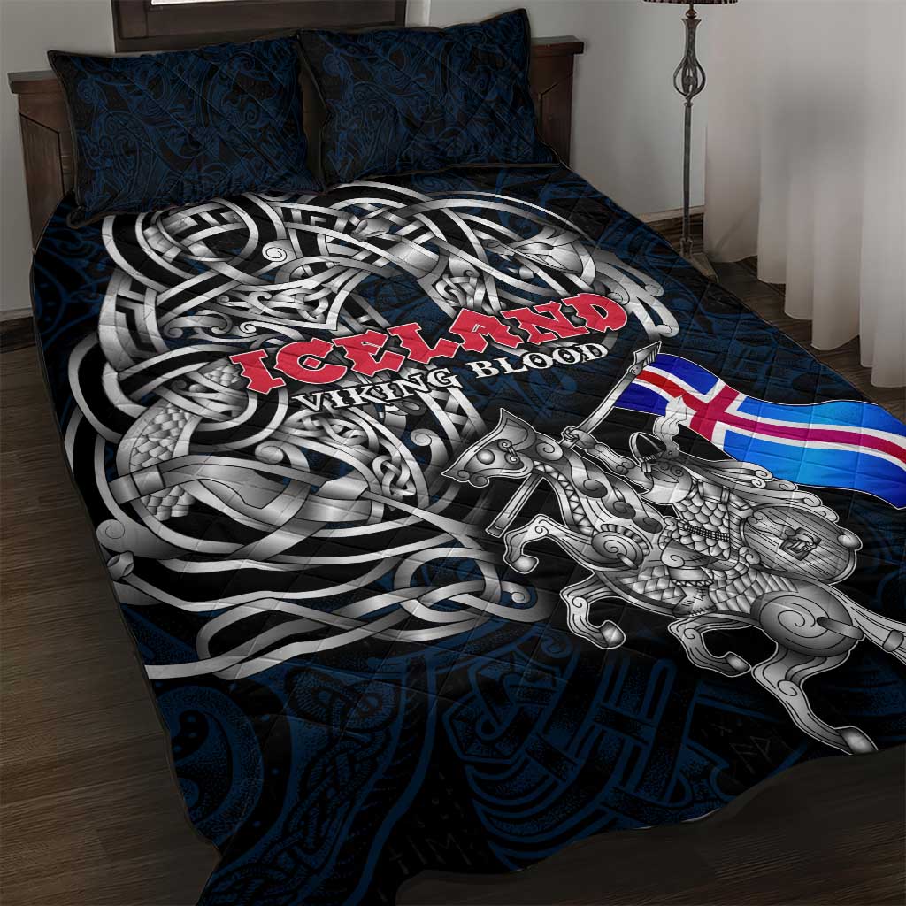 Iceland Viking Blood Quilt Bed Set Nordic Runes and Shield of Ancestry in Tribal Knotwork