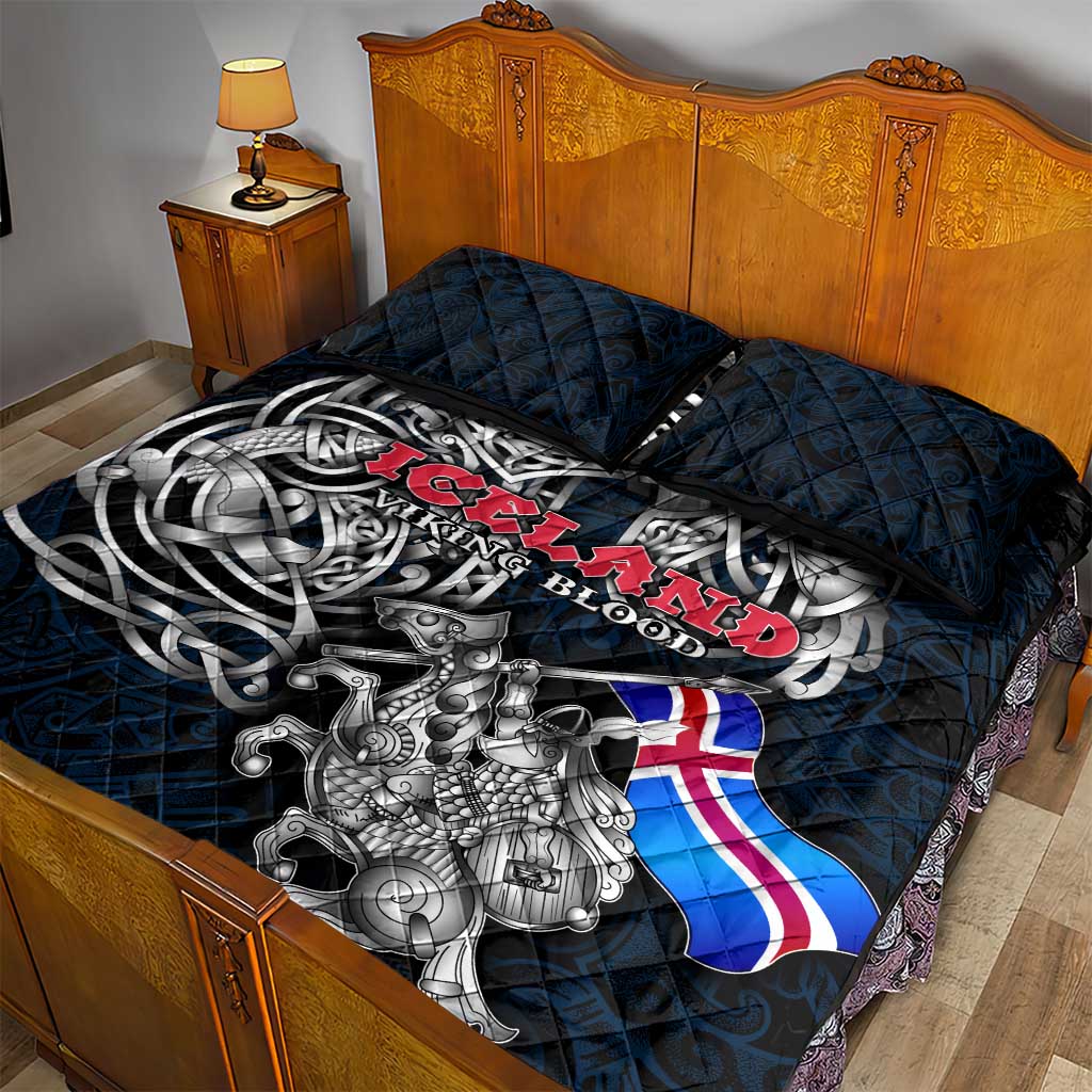 Iceland Viking Blood Quilt Bed Set Nordic Runes and Shield of Ancestry in Tribal Knotwork