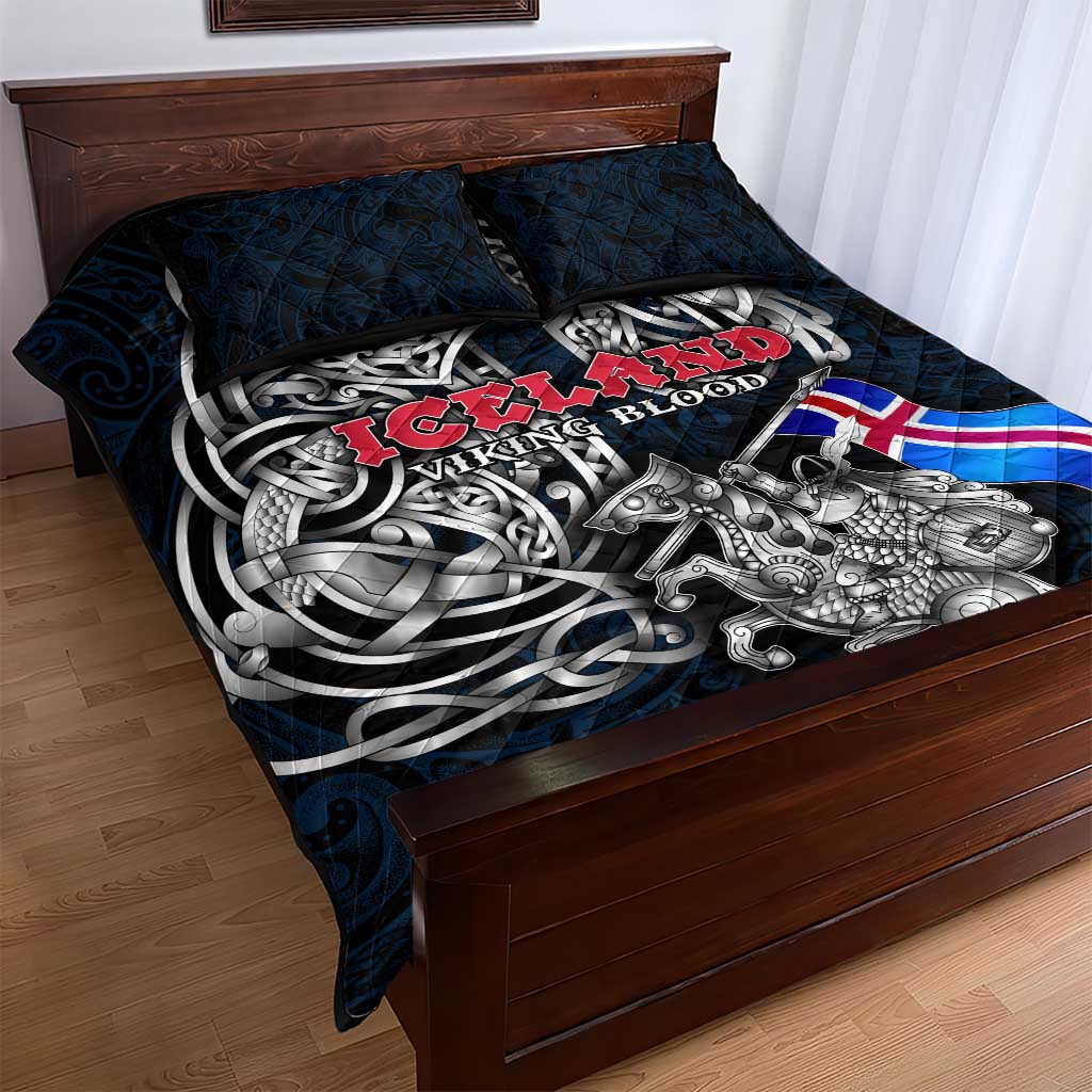 Iceland Viking Blood Quilt Bed Set Nordic Runes and Shield of Ancestry in Tribal Knotwork