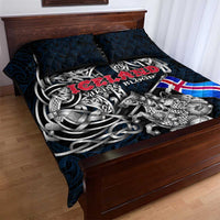 Iceland Viking Blood Quilt Bed Set Nordic Runes and Shield of Ancestry in Tribal Knotwork