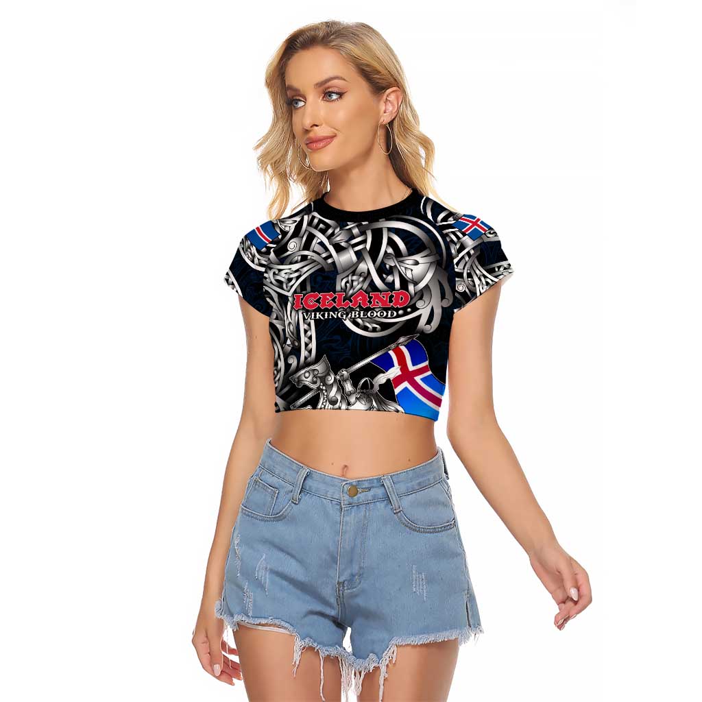 Personalized Iceland Viking Blood Raglan Cropped T Shirt Nordic Runes and Shield of Ancestry in Tribal Knotwork