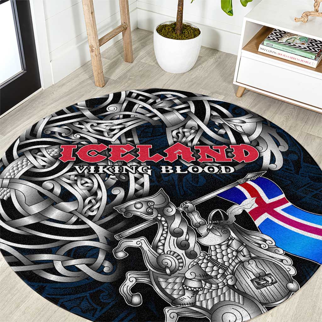 Iceland Viking Blood Round Carpet Nordic Runes and Shield of Ancestry in Tribal Knotwork