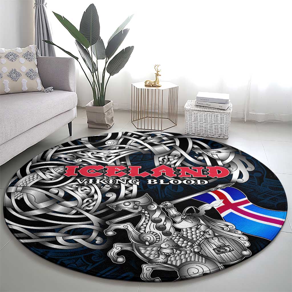Iceland Viking Blood Round Carpet Nordic Runes and Shield of Ancestry in Tribal Knotwork