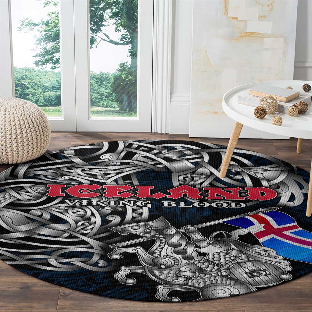 Iceland Viking Blood Round Carpet Nordic Runes and Shield of Ancestry in Tribal Knotwork