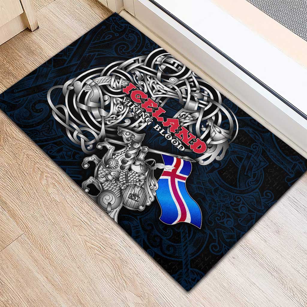 Iceland Viking Blood Rubber Doormat Nordic Runes and Shield of Ancestry in Tribal Knotwork