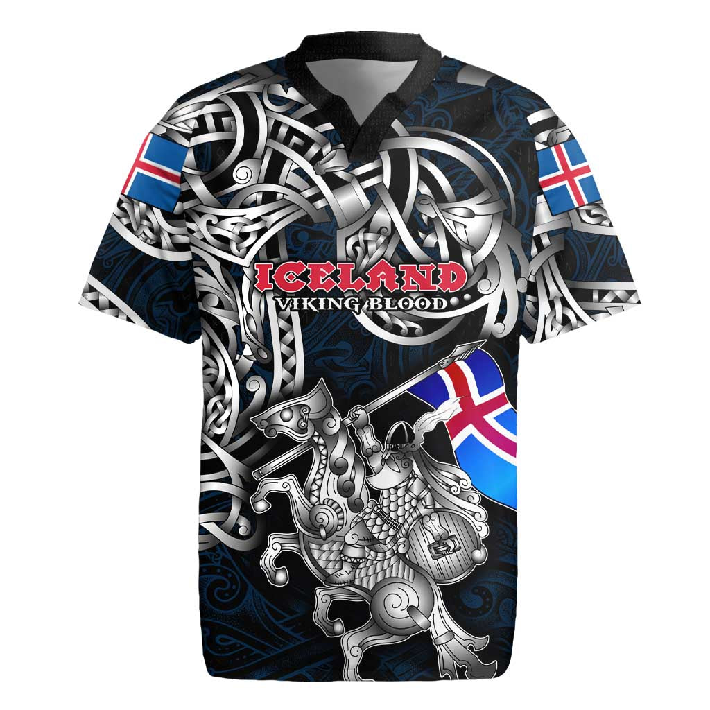 Personalized Iceland Viking Blood Rugby Jersey Nordic Runes and Shield of Ancestry in Tribal Knotwork