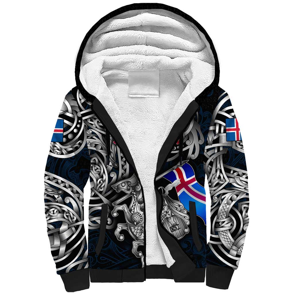 Personalized Iceland Viking Blood Sherpa Hoodie Nordic Runes and Shield of Ancestry in Tribal Knotwork