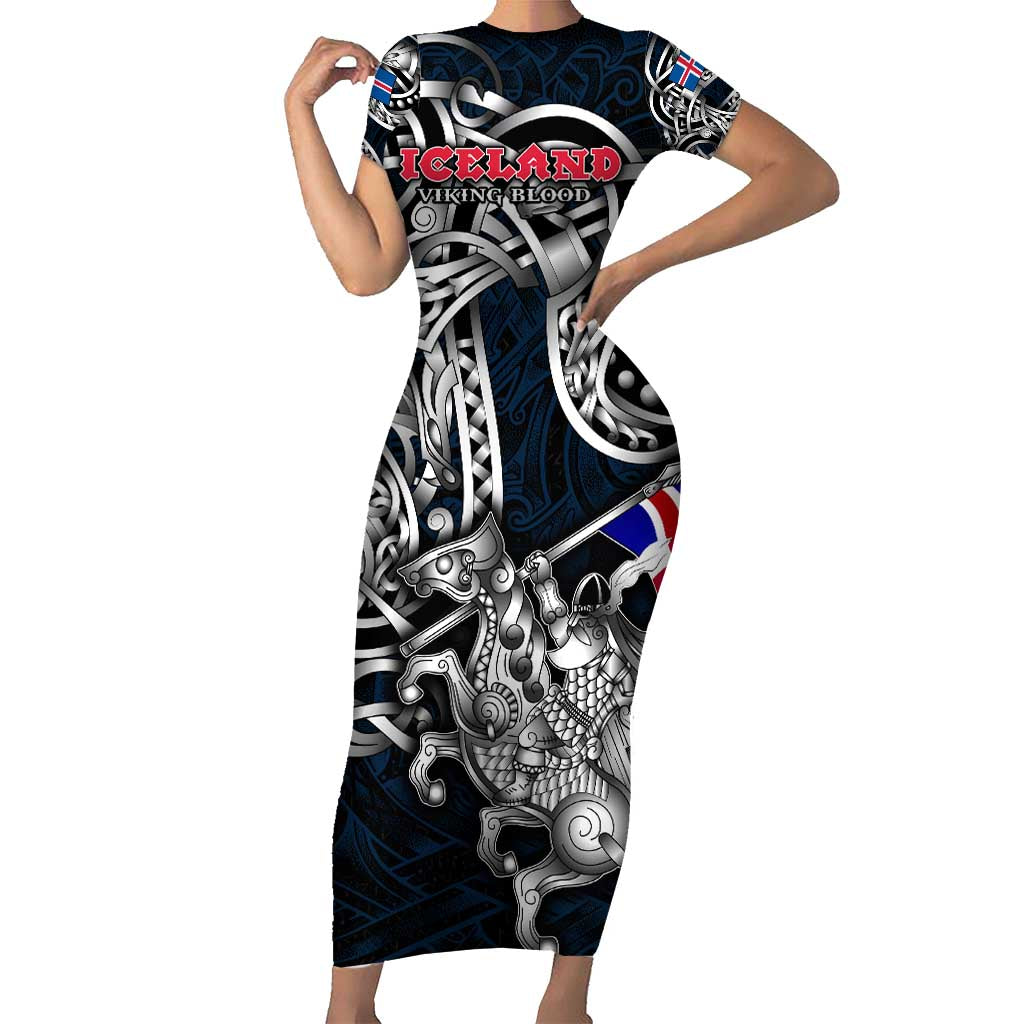 Personalized Iceland Viking Blood Short Sleeve Bodycon Dress Nordic Runes and Shield of Ancestry in Tribal Knotwork